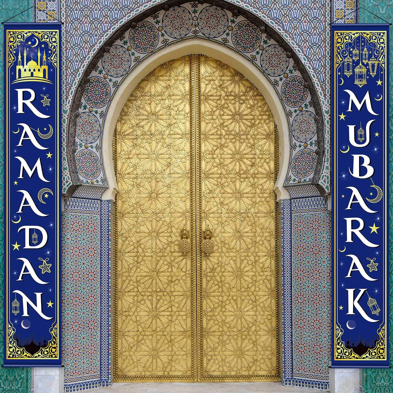 Eid Mubarak Decoration Set Ramadan Mubarak Porch Sign Ramadan Banner Hanging Decoration for Indoor/outdoor Decor Eid Al-fitr Party(Blue)